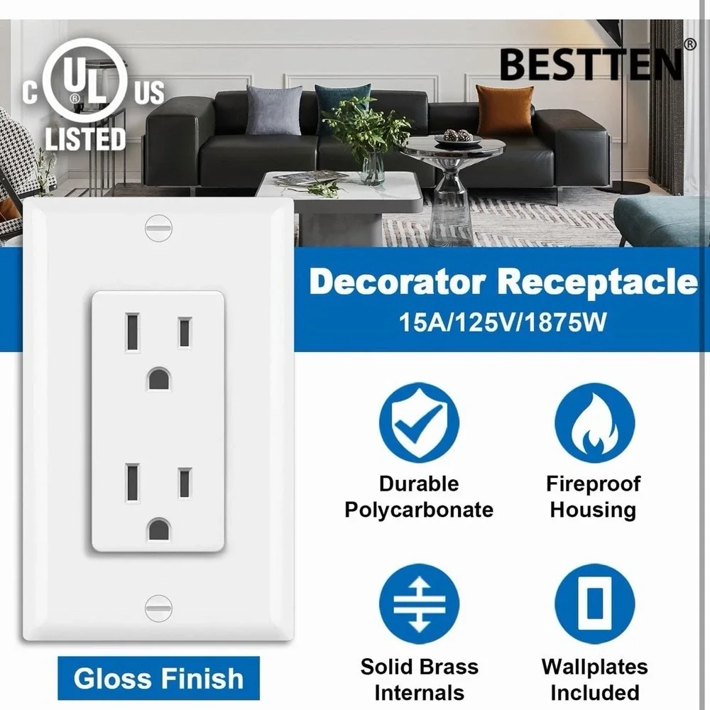 BESTTEN 30 Pack 15 Amp Decorator‎ Receptacle Outlet w/ Screwless Wall Plates
